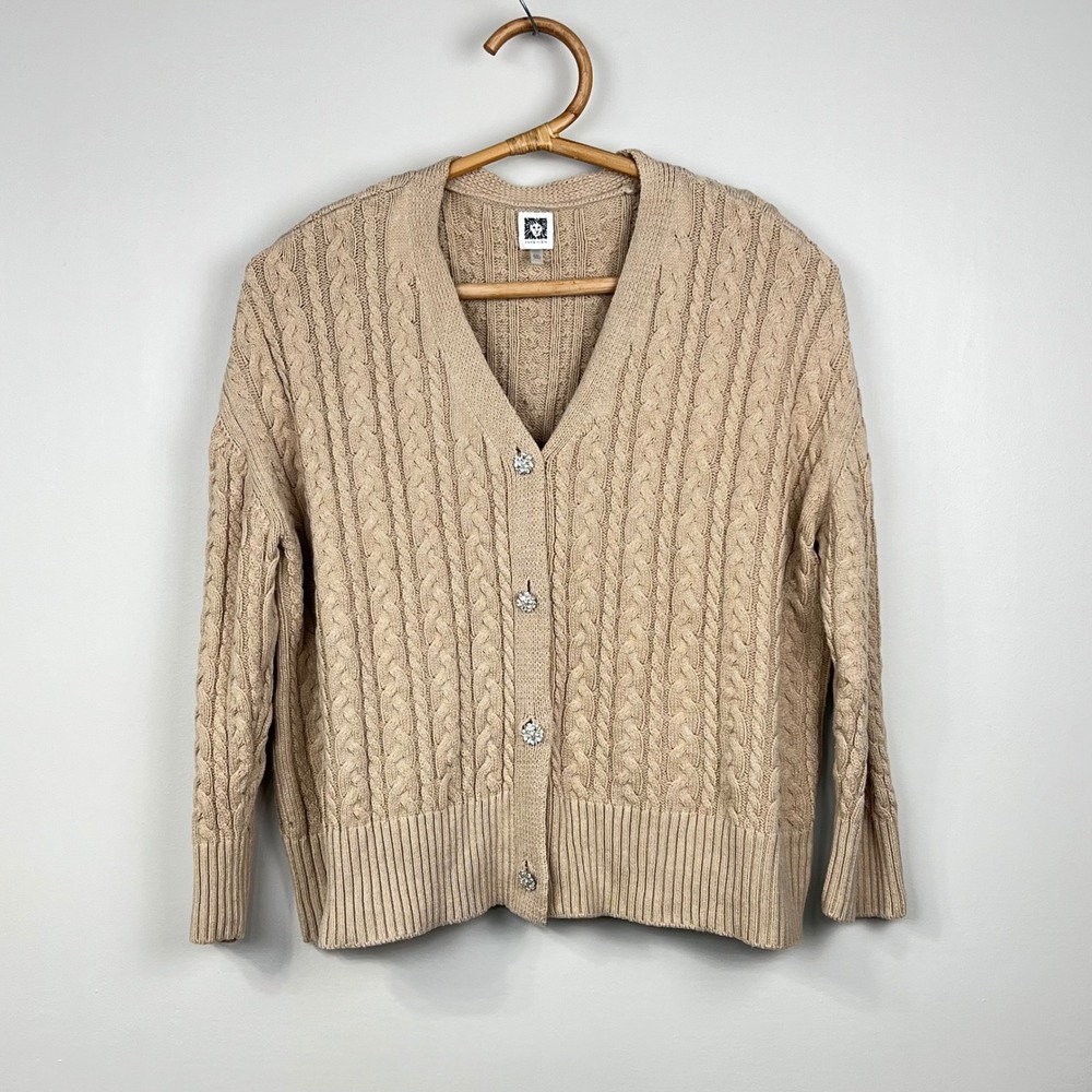 Anne Klein Cardigan Grandma XXL Cable Rhinestone Beige Oversized Sweater Cozy - Picture 9 of 10
